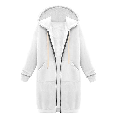 Felpa con cappuccio lunga con cerniera casual da donna, felpa invernale antivento con coulisse, giacca con cappuccio e tasche comode