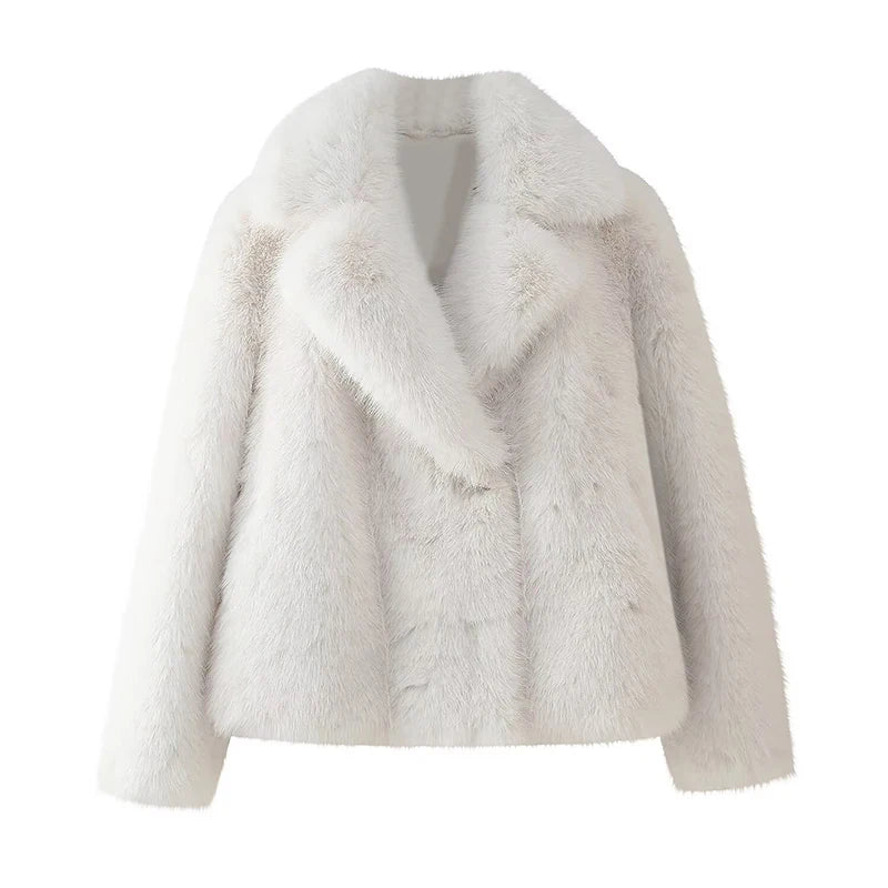 Cappotto in pelliccia sintetica soffice da donna, spesso e caldo, con colletto rovesciato, alla moda, di lusso, top 2024, elegante da donna, soprabito da strada