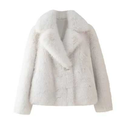 Cappotto in pelliccia sintetica soffice da donna, spesso e caldo, con colletto rovesciato, alla moda, di lusso, top 2024, elegante da donna, soprabito da strada