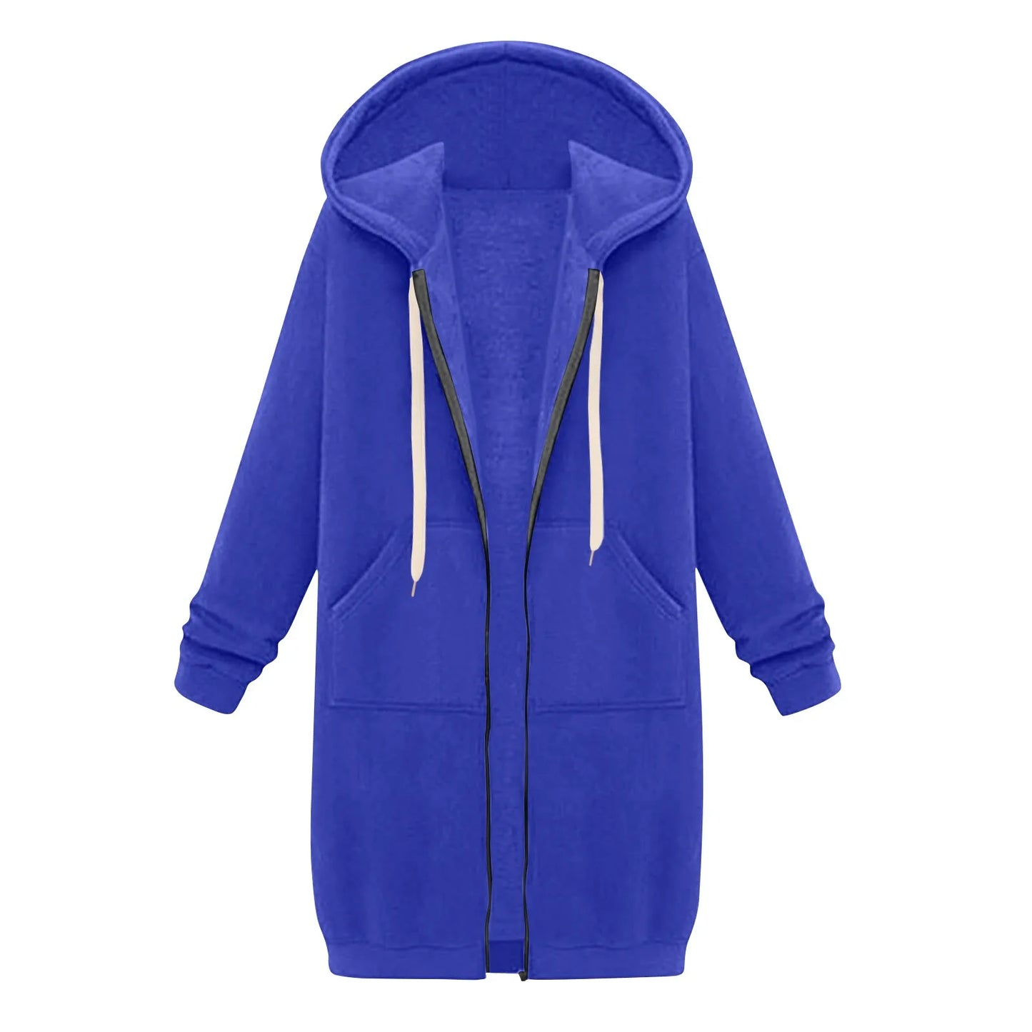 Felpa con cappuccio lunga con cerniera casual da donna, felpa invernale antivento con coulisse, giacca con cappuccio e tasche comode